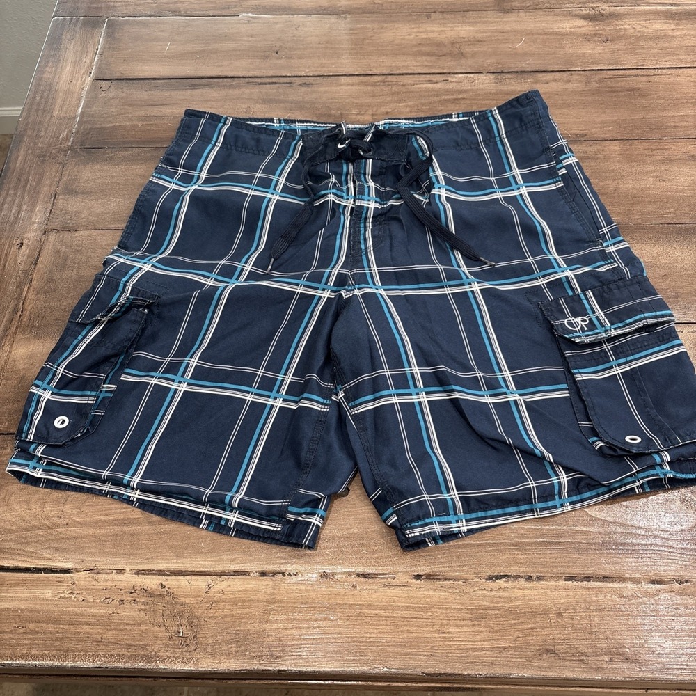 Vintage OP Ocean Pacific Board Shorts Trucks Plaid Blue Men's L 36/38